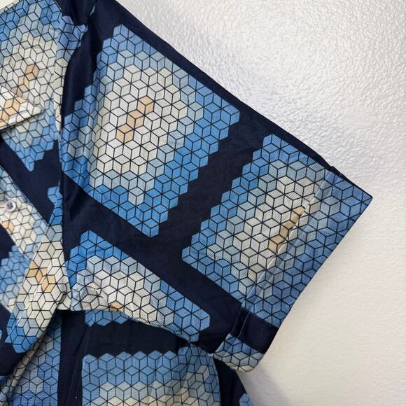 Vtg 70s Mervyns Disco Shirt Mens Geometric Button Up Nylon Dagger Collar Cubes - Picture 6 of 11